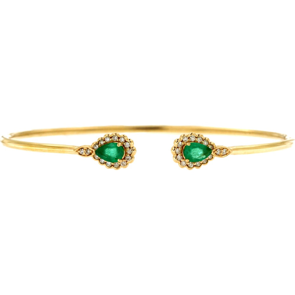 14K Yellow Gold Open Bangle with Pear-Shaped Emerald and Diamond Halo Motifs - 0.76 Carat Emerald and 0.21 Carat Diamond Total Weight - Royal Jewelry