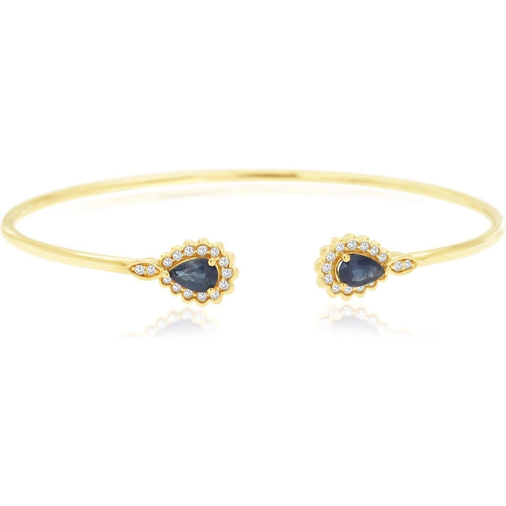 14K Yellow Gold Open Bangle with Pear-Shaped Sapphires and Diamond Halos - 1.06 Carat Total Sapphire Weight and 0.21 Carat Total Diamond Weight - Royal Jewelry