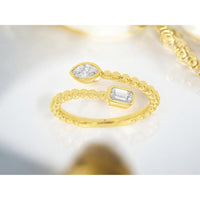 14K Yellow Gold Open Beaded Ring with Bezel Set Marquise and Emerald Cut Diamonds - 0.40 Carat Total Diamond Weight - Royal Jewelry