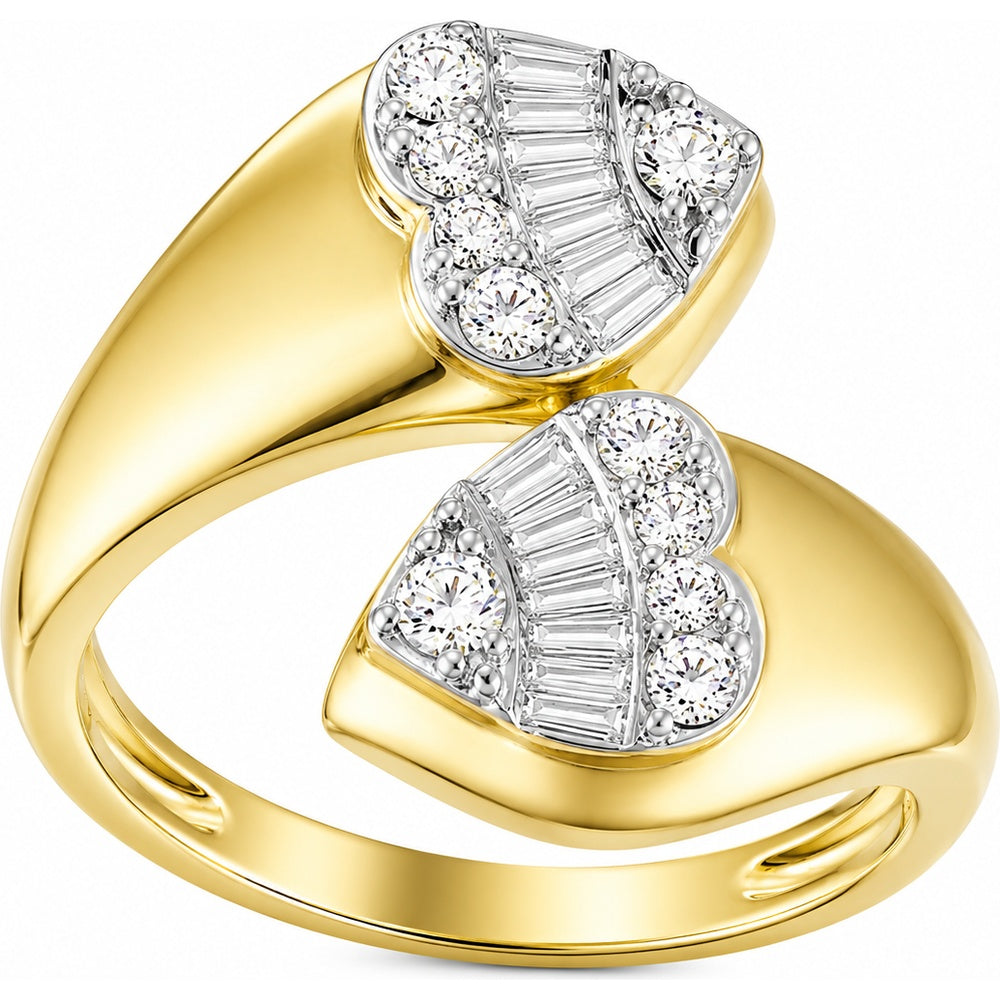 14K Yellow Gold Open Bypass Heart Ring with Round and Baguette Diamonds - 0.58 Carat Total Diamond Weight by Auriventus