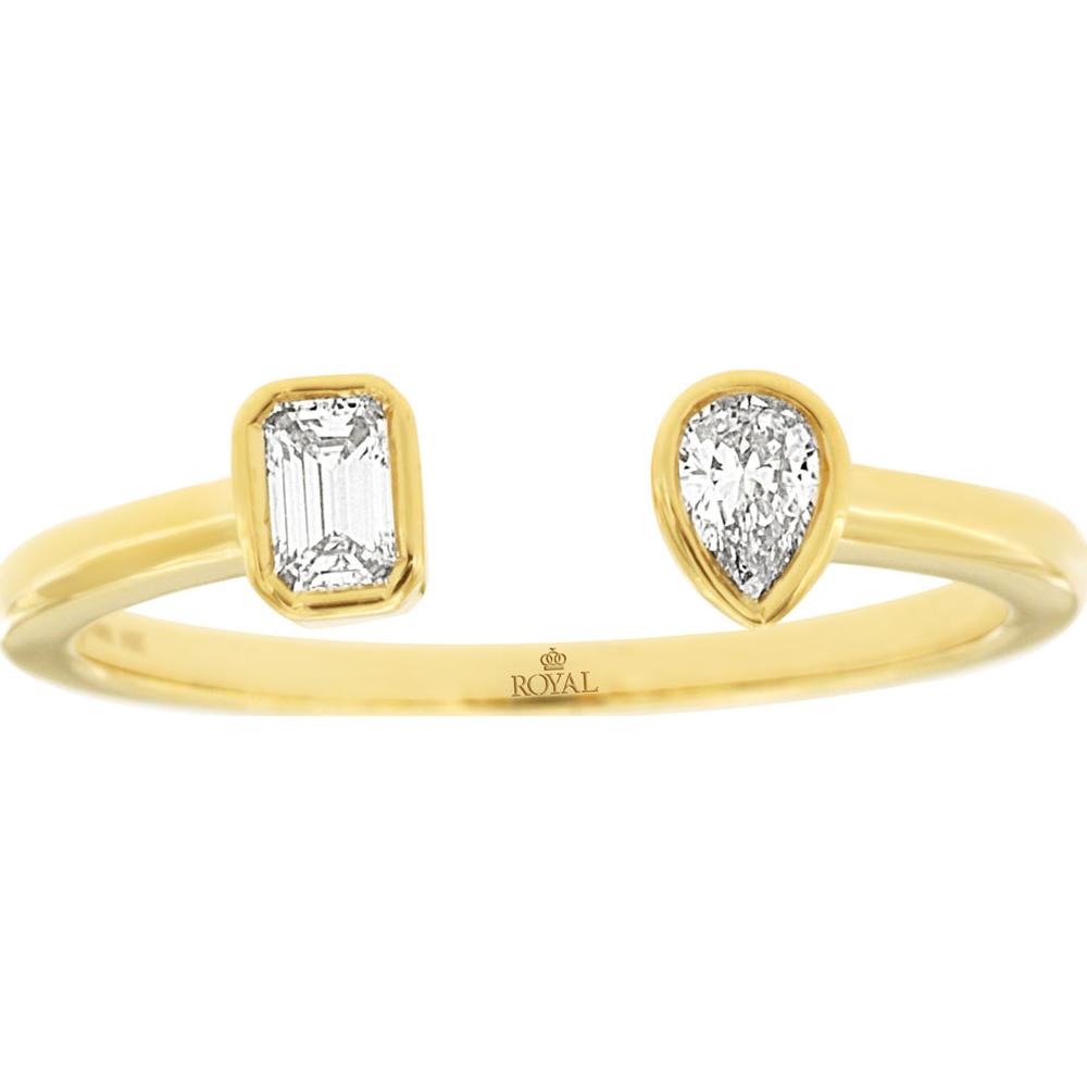 14K Yellow Gold Open Bypass Ring with Bezel Set Emerald Cut and Pear Shape Diamonds - 0.22 Carat Total Diamond Weight - Royal Jewelry