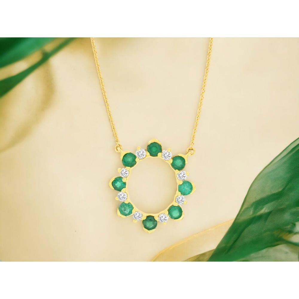 14K Yellow Gold Open Circle Emerald and Diamond Necklace - 0.90 Carat Emerald Weight and 0.29 Carat Total Diamond Weight - Royal Jewelry