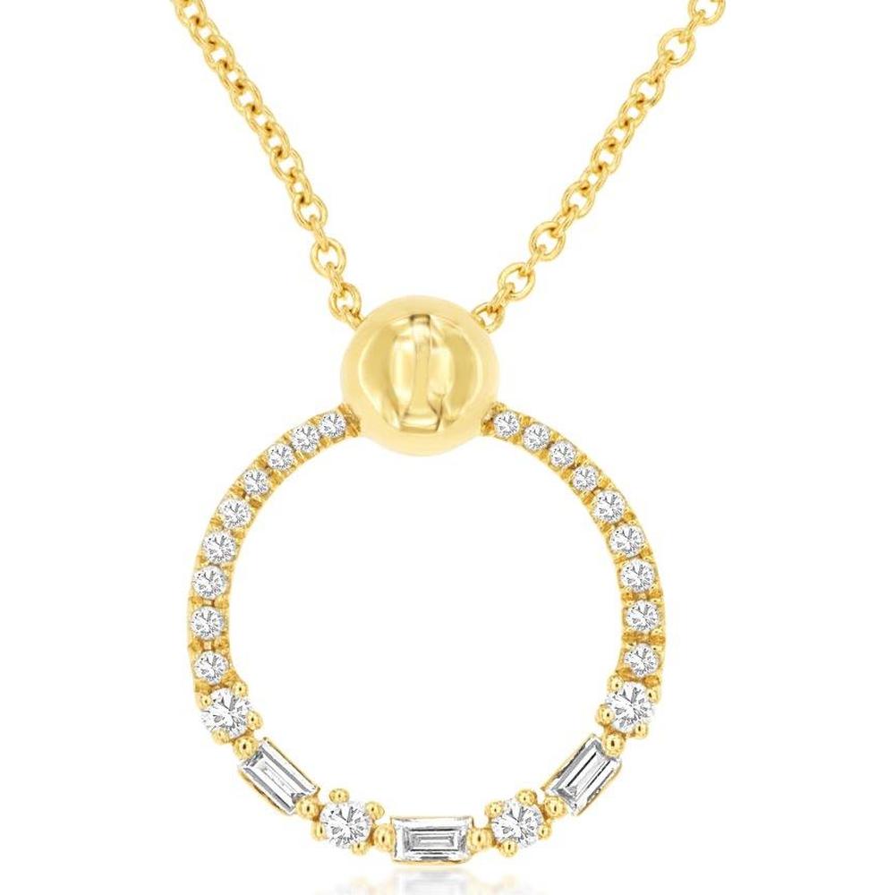 14K Yellow Gold Open Circle Necklace with Round and Baguette Diamonds - 0.24 Carat Total Diamond Weight - Royal Jewelry