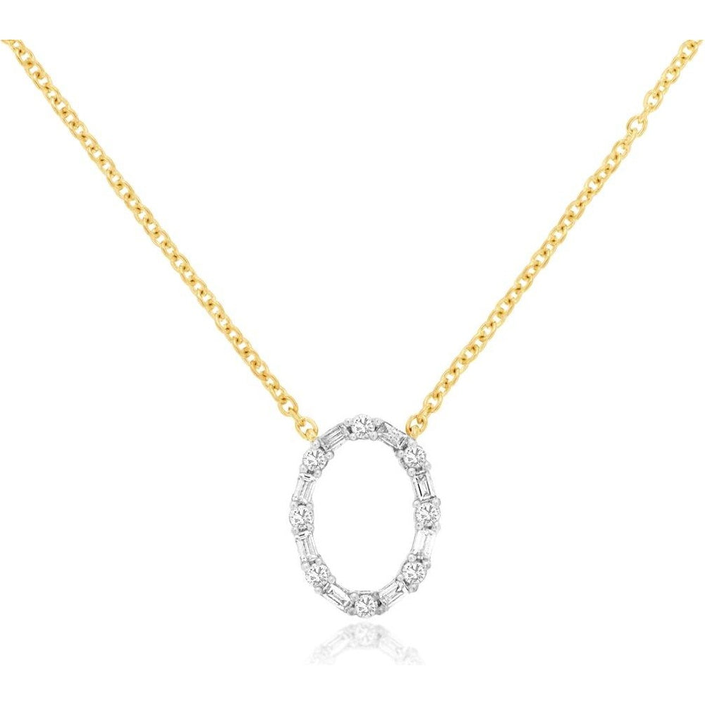 14K Yellow Gold Open Circle Pendant Necklace with Alternating Round and Baguette Diamonds - 0.25 Carat Total Diamond Weight - Royal Jewelry