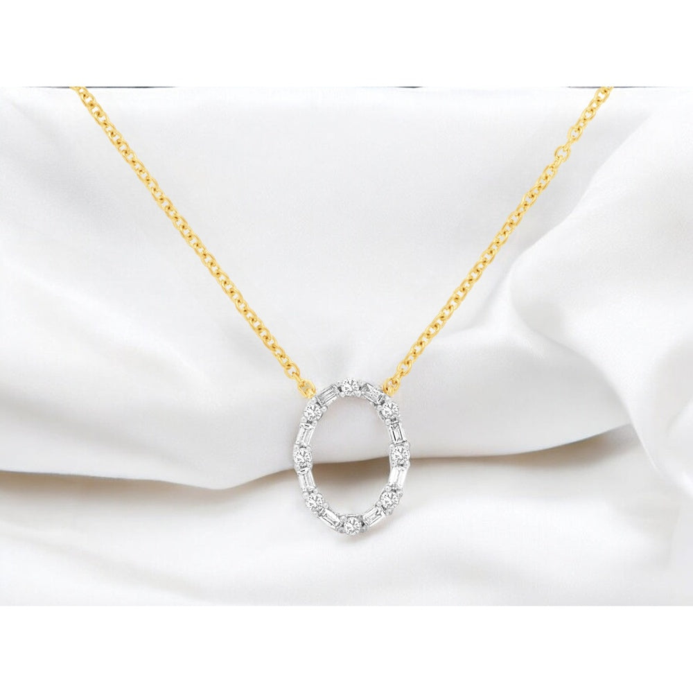 14K Yellow Gold Open Circle Pendant Necklace with Alternating Round and Baguette Diamonds - 0.25 Carat Total Diamond Weight - Royal Jewelry