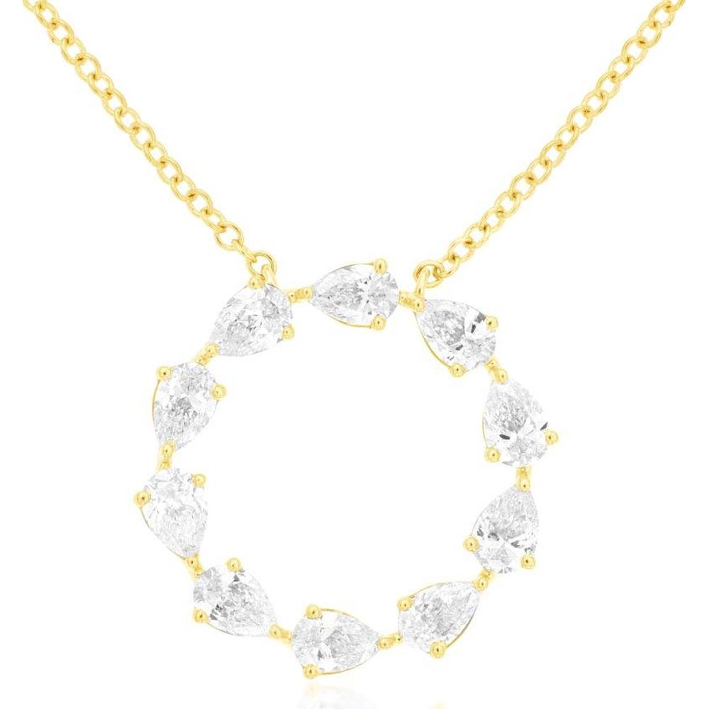 14K Yellow Gold Open Circle Pendant Necklace with Prong Set Pear Shaped Diamonds - 0.92 Carat Total Diamond Weight - Royal Jewelry