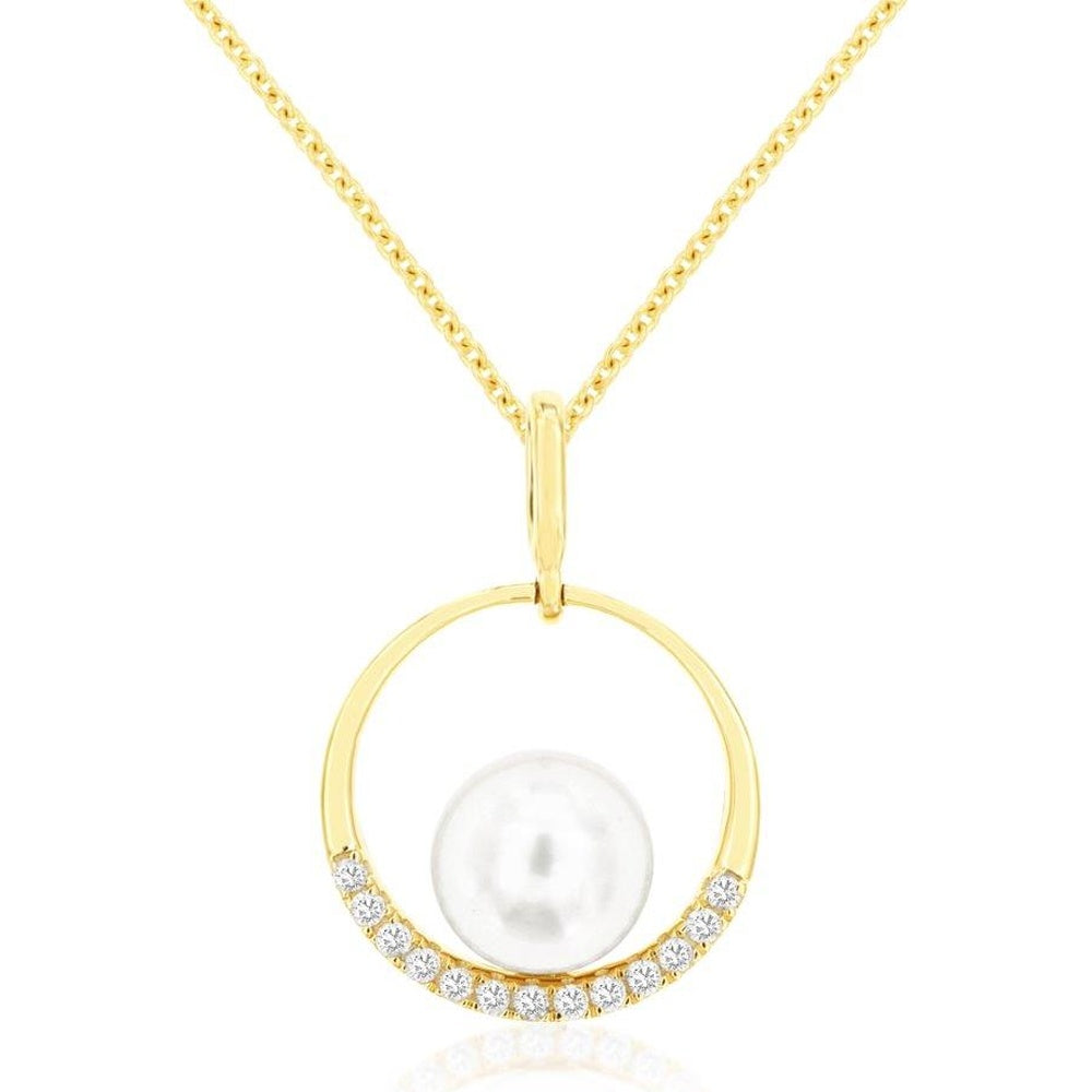 14K Yellow Gold Open Circle Pendant with a Cultured Pearl and Prong-Set Round Diamonds - 0.12 Carat Total Diamond Weight - Royal Jewelry