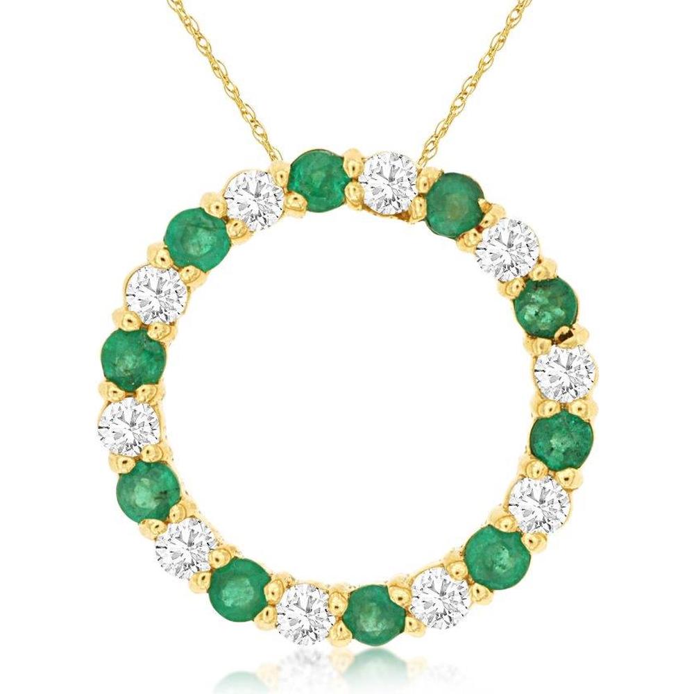 14K Yellow Gold Open Circle Pendant with Alternating Round Emeralds and Diamonds - 0.50 Carat Emerald, 0.50 Carat Total Diamond Weight - Royal Jewelry