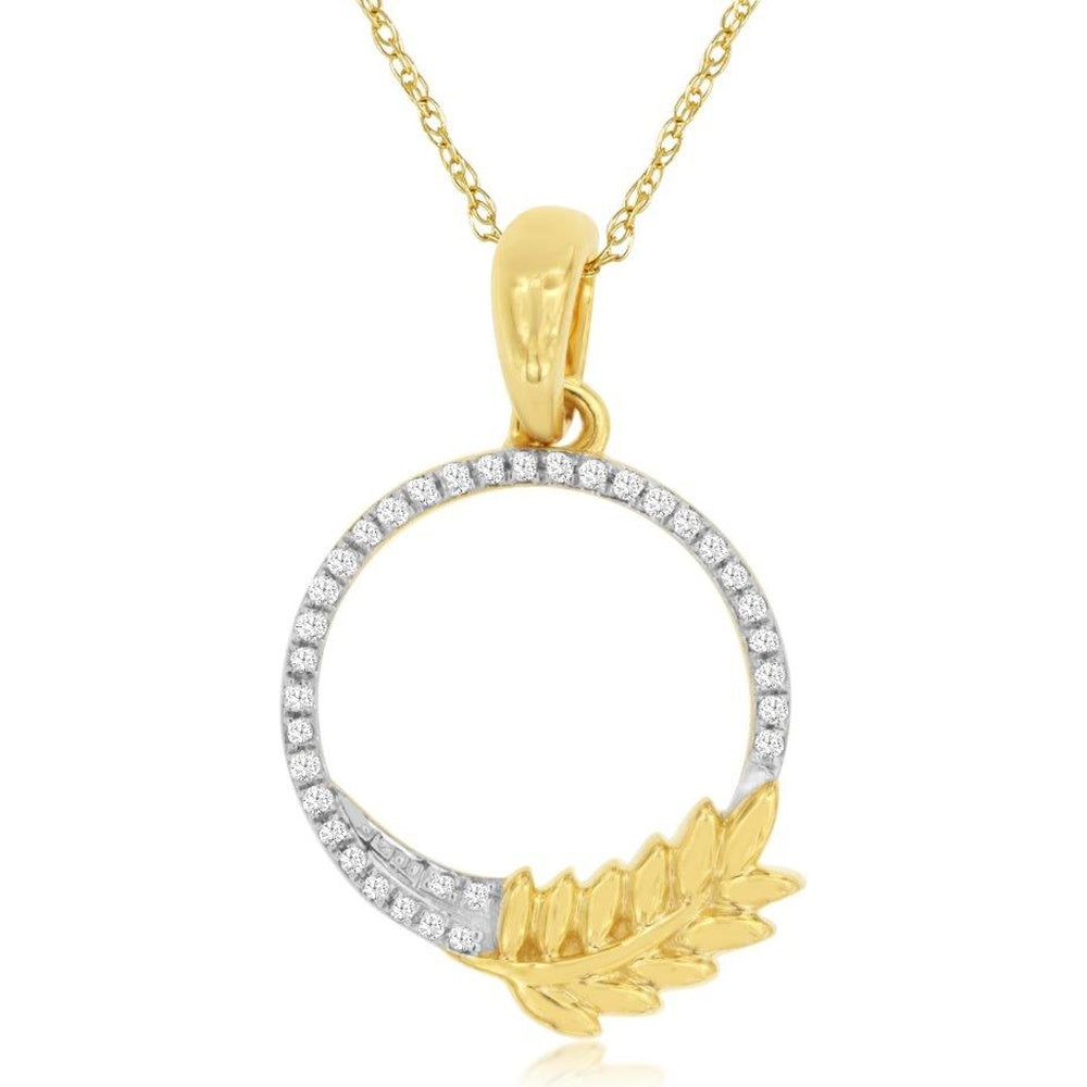 14K Yellow Gold Open Circle Pendant with Leaf Motif and Round Diamond Accents - 0.08 Carat Total Diamond Weight - Royal Jewelry