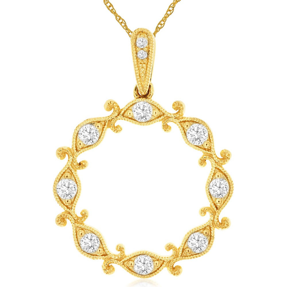 14K Yellow Gold Open Circle Pendant with Milgrain Detail and Prong-Set Round Diamonds - 0.25 Carat Total Diamond Weight - Royal Jewelry