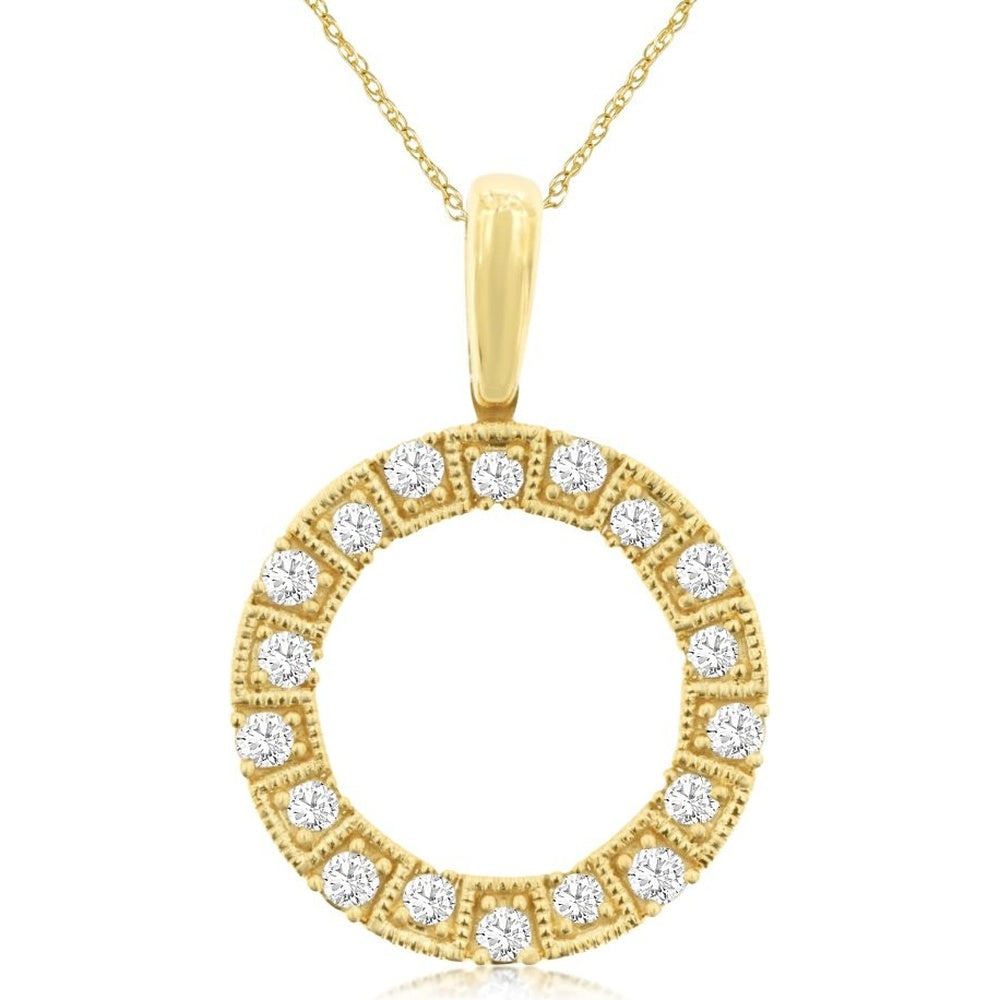 14K Yellow Gold Open Circle Pendant with Milgrain Edge and Prong-Set Round Diamonds - 0.25 Carat Total Diamond Weight - Royal Jewelry