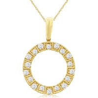 14K Yellow Gold Open Circle Pendant with Milgrain Set Round Brilliant Diamonds - 0.25 Carat Total Diamond Weight - Royal Jewelry