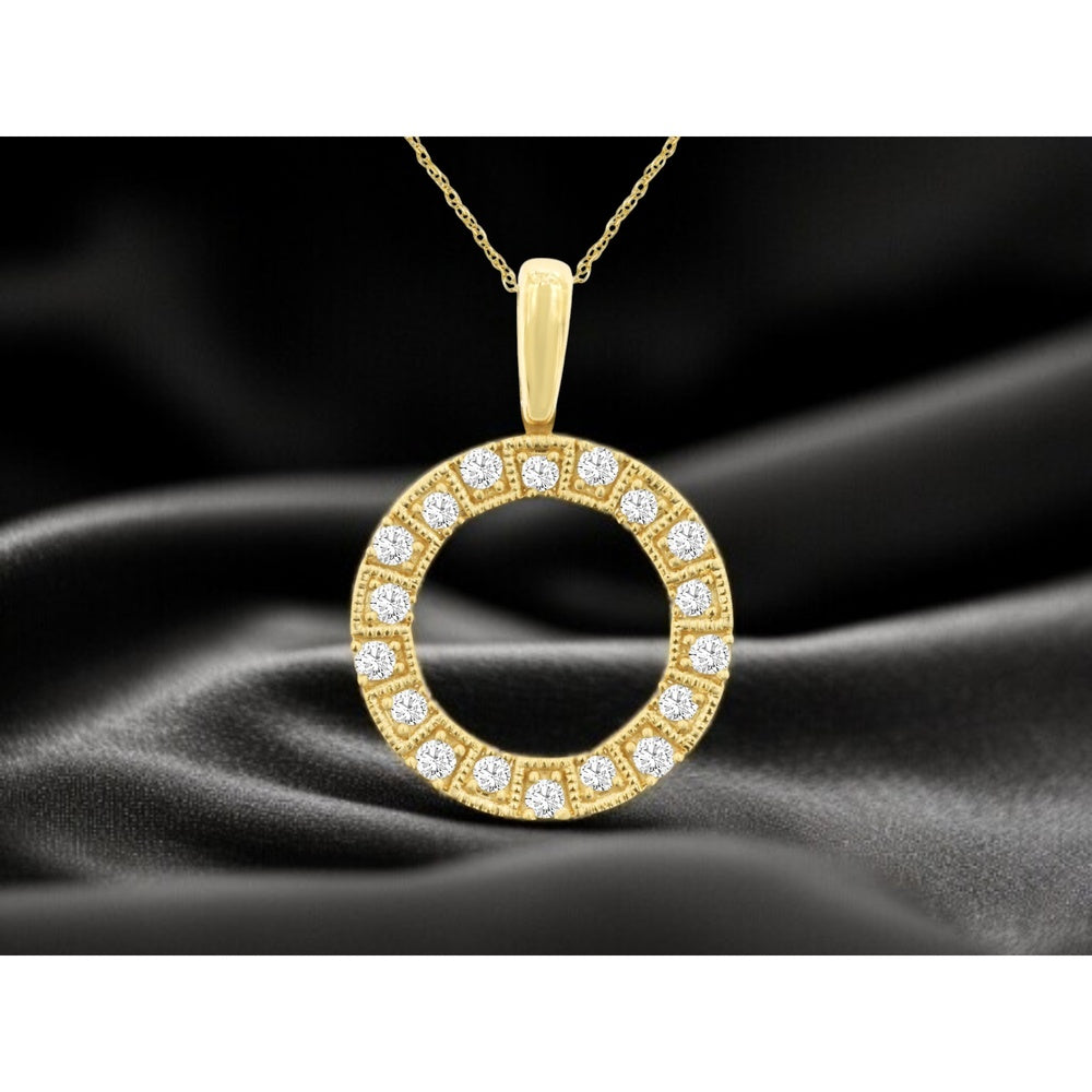 14K Yellow Gold Open Circle Pendant with Milgrain Set Round Brilliant Diamonds - 0.25 Carat Total Diamond Weight - Royal Jewelry