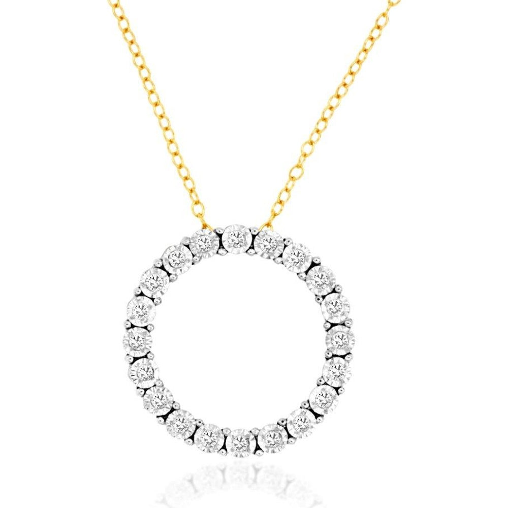 14K Yellow Gold Open Circle Pendant with Prong-Set Round Diamonds - 0.16 Carat Total Diamond Weight - Royal Jewelry