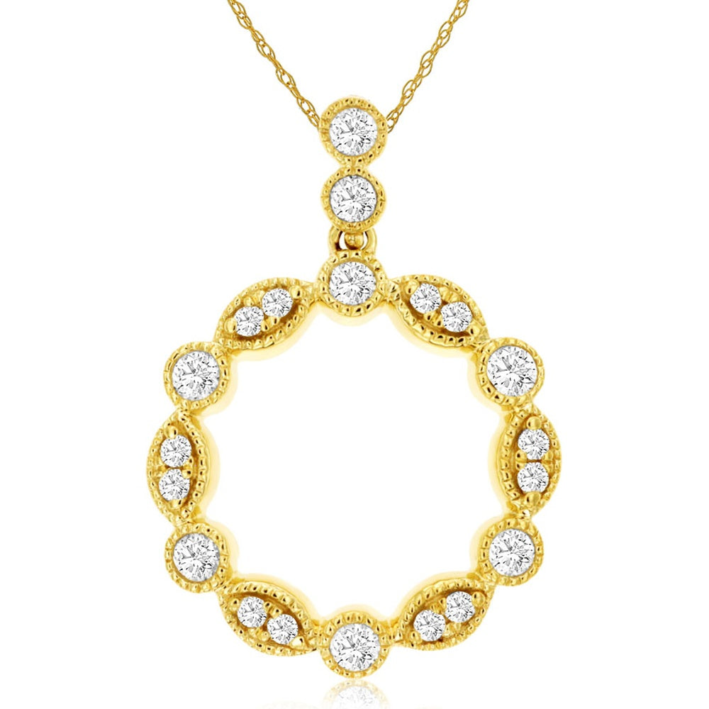 14K Yellow Gold Open Circle Pendant with Prong Set Round Diamonds and Vintage Milgrain Detailing - 0.38 Carat Total Diamond Weight - Royal Jewelry