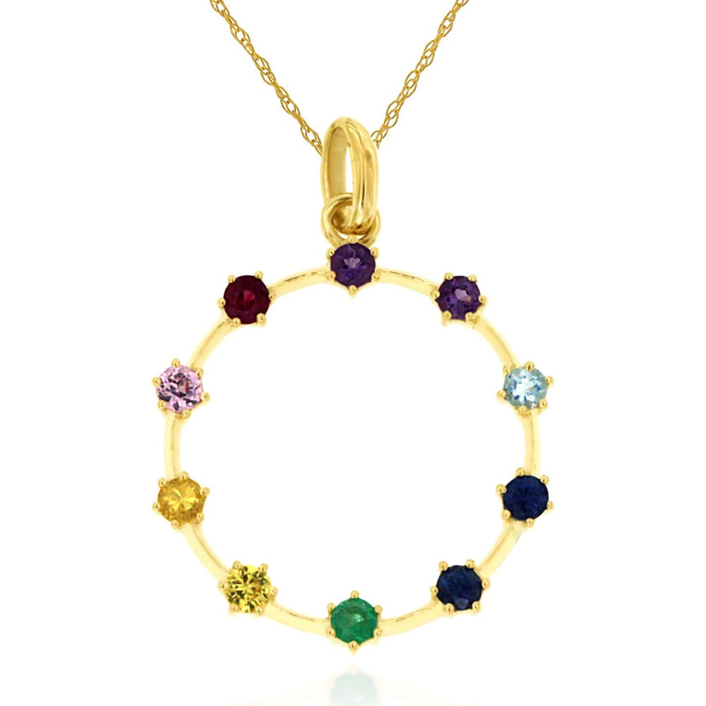 14K Yellow Gold Open Circle Pendant with Prong-Set Round Mixed Color Sapphires - 0.20 Carat Total Gem Weight - Royal Jewelry