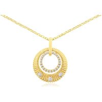 14K Yellow Gold Open Circle Pendant with Textured Ribbed Outer Ring and Halo Set Round Diamonds - 0.24 Carat Total Diamond Weight - Royal Jewelry