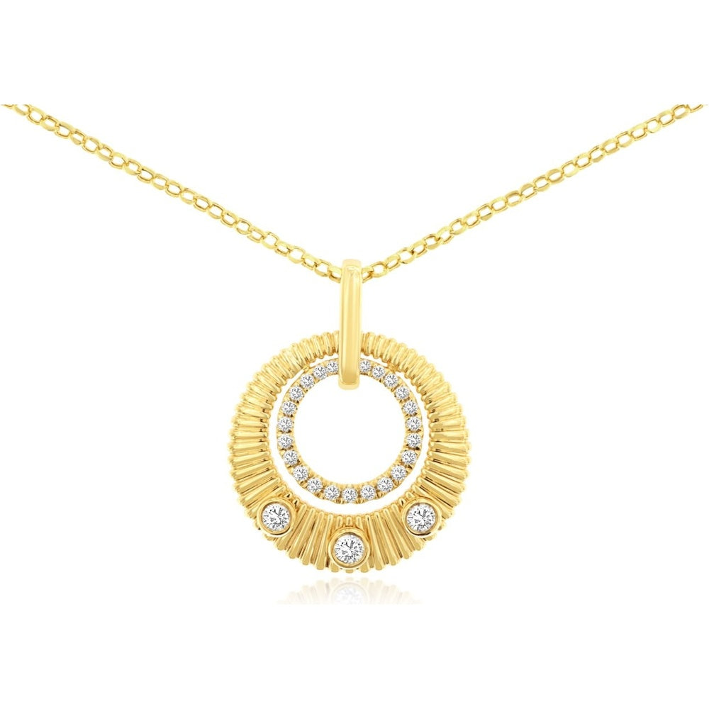 14K Yellow Gold Open Circle Pendant with Textured Ribbed Outer Ring and Halo Set Round Diamonds - 0.24 Carat Total Diamond Weight - Royal Jewelry