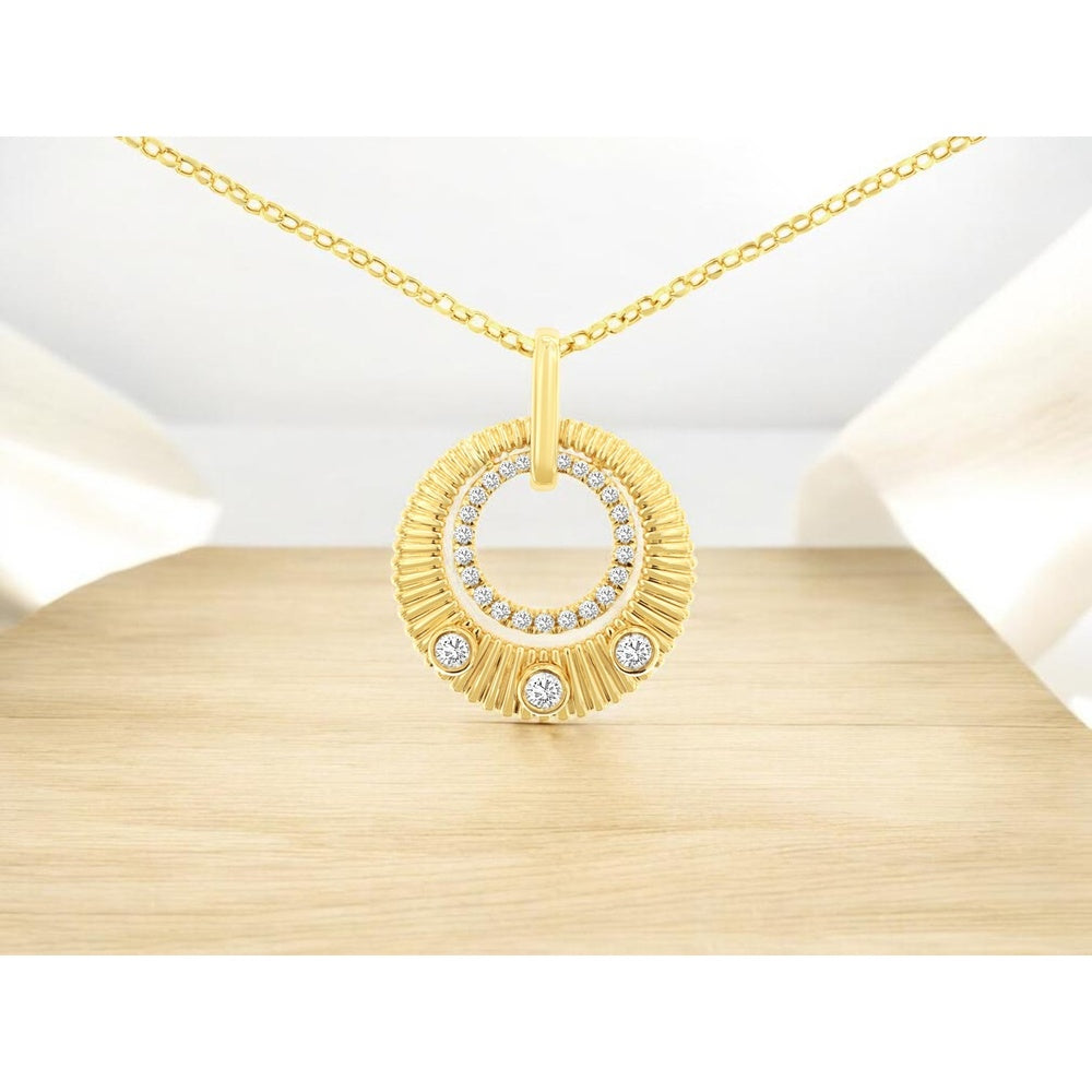 14K Yellow Gold Open Circle Pendant with Textured Ribbed Outer Ring and Halo Set Round Diamonds - 0.24 Carat Total Diamond Weight - Royal Jewelry