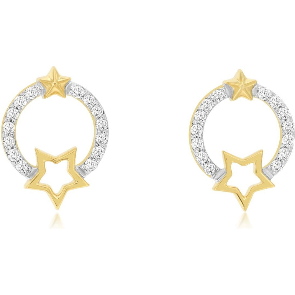 14K Yellow Gold Open Circle Star Motif Hoop Earrings with Prong Set Round Diamonds - 0.15 Carat Total Diamond Weight - Royal Jewelry