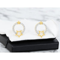 14K Yellow Gold Open Circle Star Motif Hoop Earrings with Prong Set Round Diamonds - 0.15 Carat Total Diamond Weight - Royal Jewelry