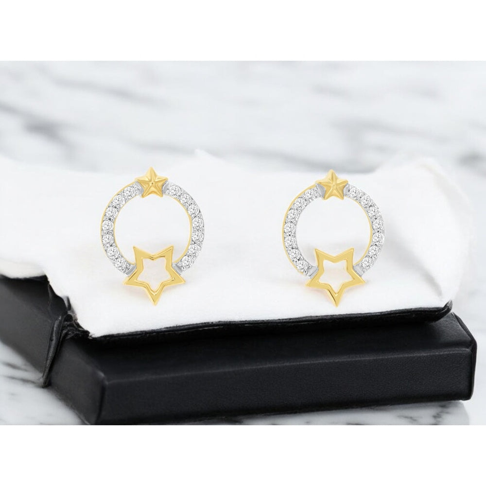 14K Yellow Gold Open Circle Star Motif Hoop Earrings with Prong Set Round Diamonds - 0.15 Carat Total Diamond Weight - Royal Jewelry