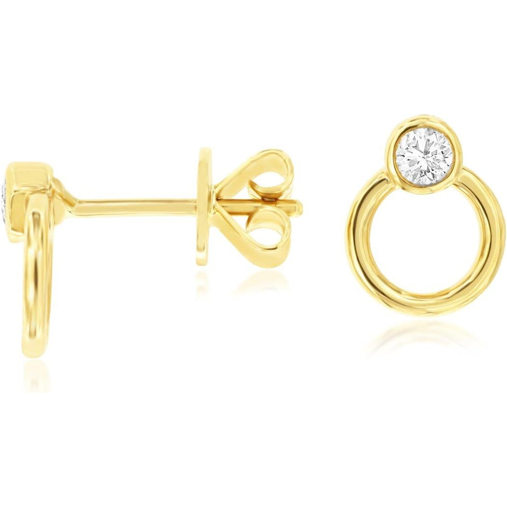 14K Yellow Gold Open Circle Stud Earrings with Bezel Set Round Diamonds - 0.14 Carat Total Diamond Weight - Royal Jewelry