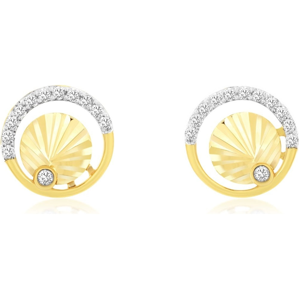 14K Yellow Gold Open Circle Stud Earrings with Grooved Sunburst Center and Bezel-Set Diamonds - 0.13 Carat Total Diamond Weight - Royal Jewelry