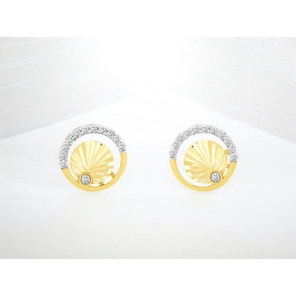 14K Yellow Gold Open Circle Stud Earrings with Grooved Sunburst Center and Bezel-Set Diamonds - 0.13 Carat Total Diamond Weight - Royal Jewelry