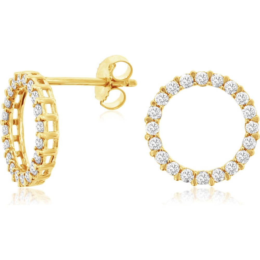 14K Yellow Gold Open Circle Stud Earrings with Prong-Set Round Diamonds - 0.50 Carat Total Diamond Weight - Royal Jewelry