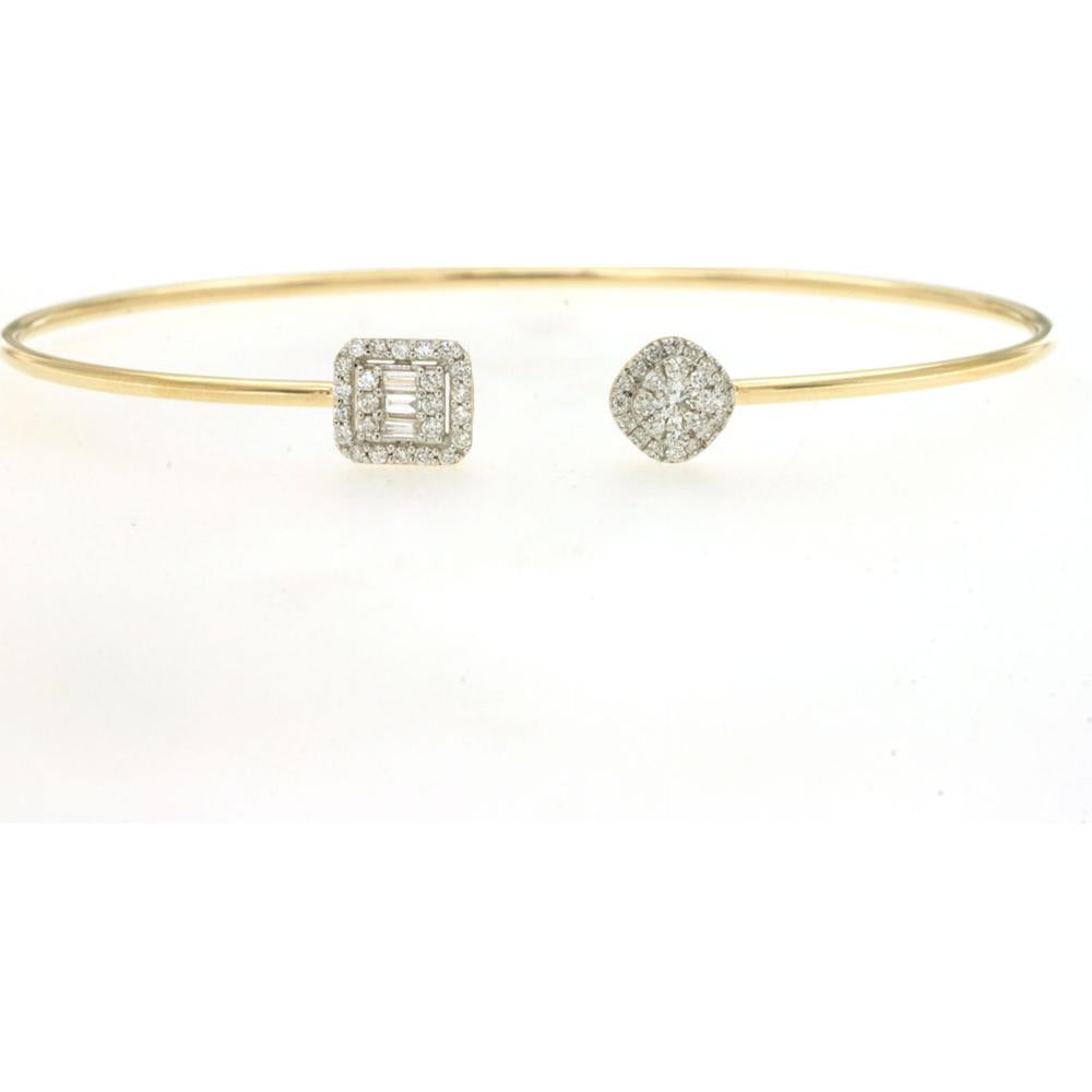 14K Yellow Gold Open Cuff Bangle with Baguette and Round Diamond Clusters – 0.35 Carat Total Diamond Weight - Royal Jewelry