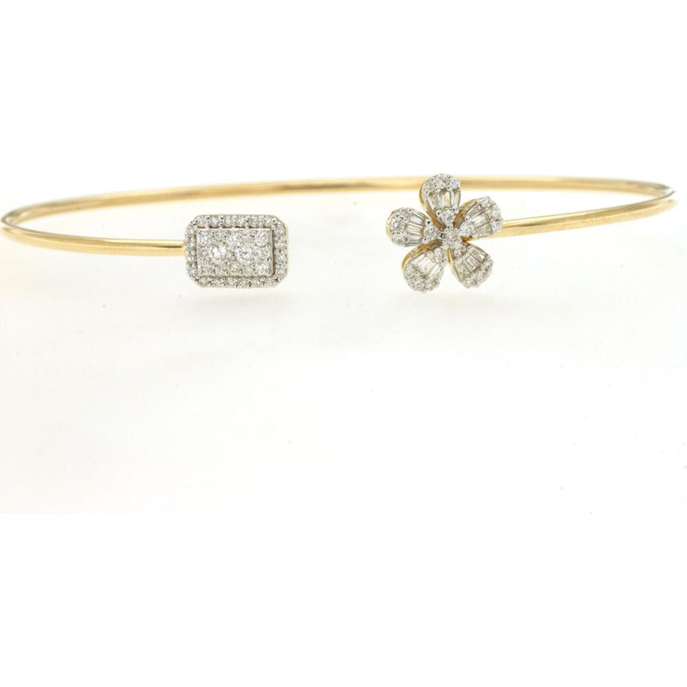 14K Yellow Gold Open Cuff Bangle with Baguette Diamond Flower and Round Halo Geometric Cluster - 0.50 Carat Total Diamond Weight - Royal Jewelry