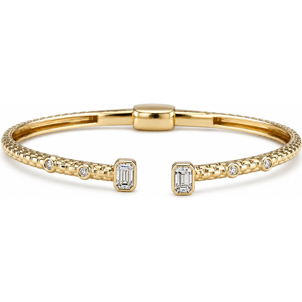 14K Yellow Gold Open Cuff Bangle with Bezel Set Emerald-Cut and Round Diamonds - 0.62 Carat Total Diamond Weight by Auriventus