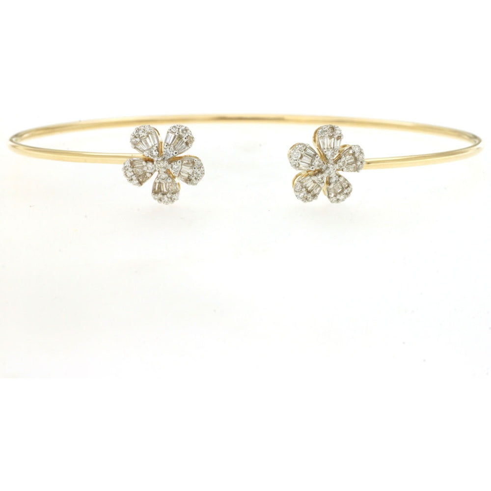 14K Yellow Gold Open Cuff Bangle with Floral Diamond Motifs featuring Tapered Baguette and Round Brilliant Diamonds - 0.48 Carat Total Diamond Weight - Royal Jewelry