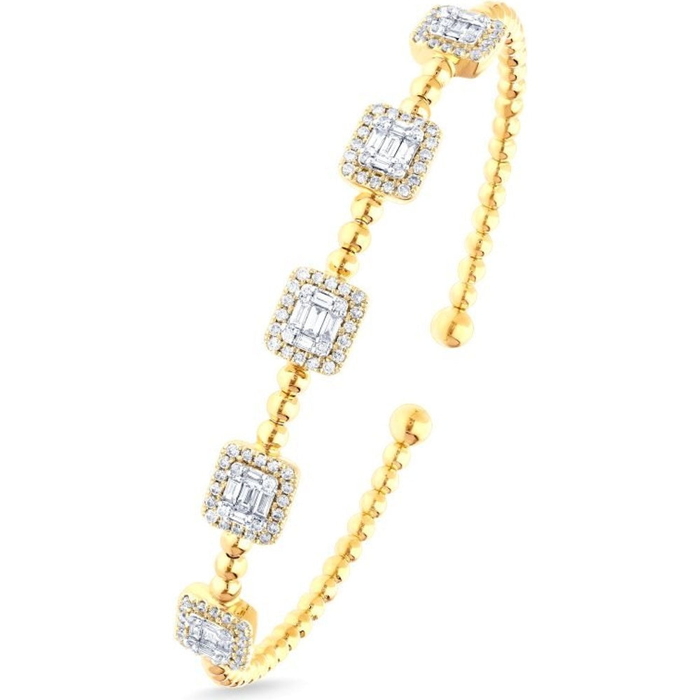 14K Yellow Gold Open Cuff Bangle with Geometric Baguette and Round Diamond Clusters - 0.99 Carat Total Diamond Weight by Auriventus