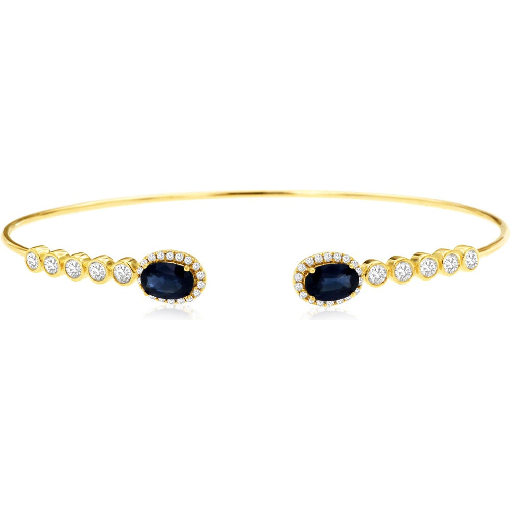 14K Yellow Gold Open Cuff Bangle with Graduated Diamonds and Halo-Set Oval Sapphires - 1.30 Carat Total Sapphire Weight and 0.53 Carat Total Diamond Weight - Royal Jewelry