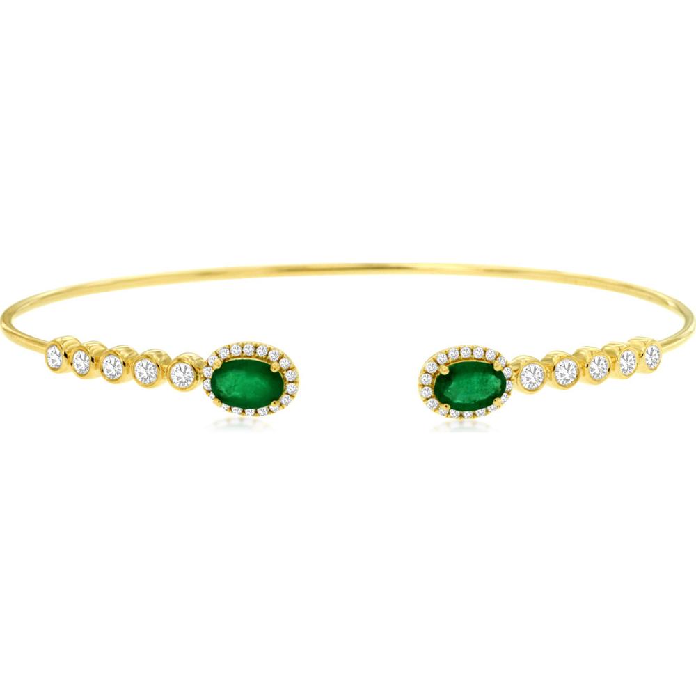 14K Yellow Gold Open Cuff Bangle with Oval Emerald Halo and Graduating Round Diamonds - 0.88 Carat Total Emerald Weight and 0.53 Carat Total Diamond Weight - Royal Jewelry
