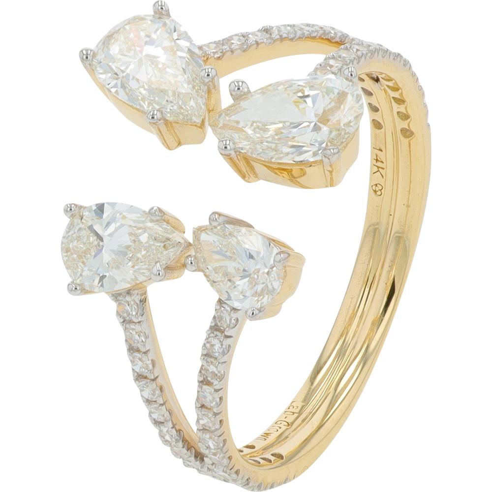 14K Yellow Gold Open Cuff Ring with 4 Prong - Set Pear Lab Grown Diamonds - 1.75 Carat Total Diamond Weight