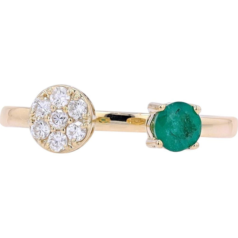 14K Yellow Gold Open Cuff Ring with Round Emerald and 0.15 Carats Diamond Cluster