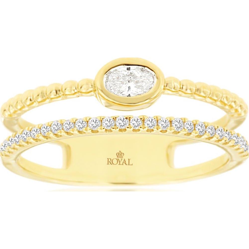 14K Yellow Gold Open Diamond Wedding Band with Bezel-Set Oval Diamond and Round Diamonds - 0.30 Carat Total Diamond Weight - Royal Jewelry