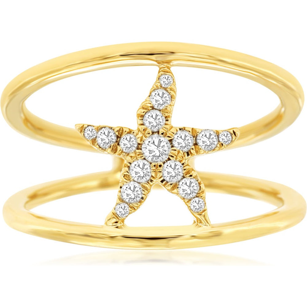 14K Yellow Gold Open Double-Band Star Ring with Prong-Set Round Diamonds - 0.17 Carat Total Diamond Weight - Royal Jewelry