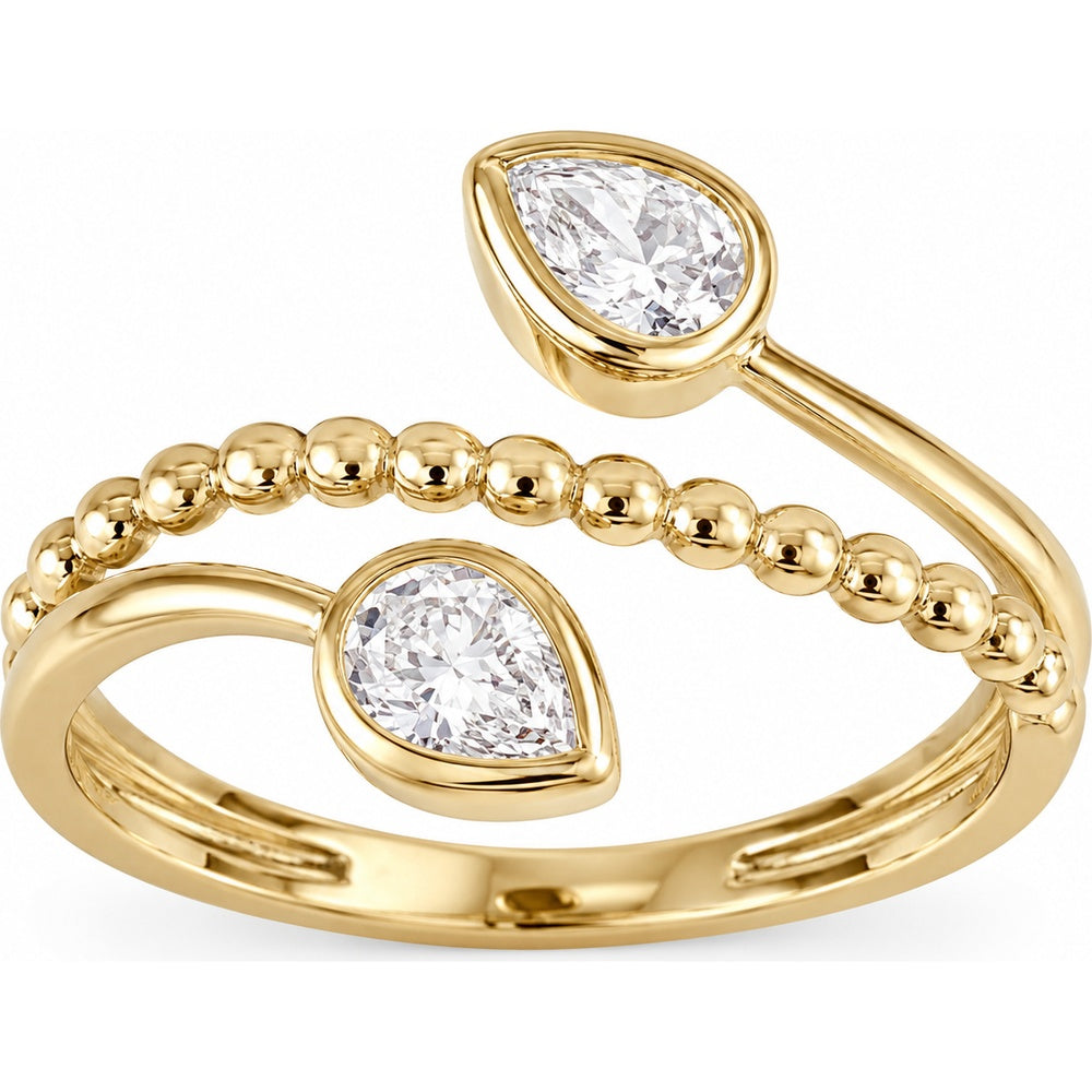 14K Yellow Gold Open Fashion Ring with Beaded Detail and Two Bezel-Set Pear Diamonds - 0.45 Carat Total Diamond Weight by Auriventus