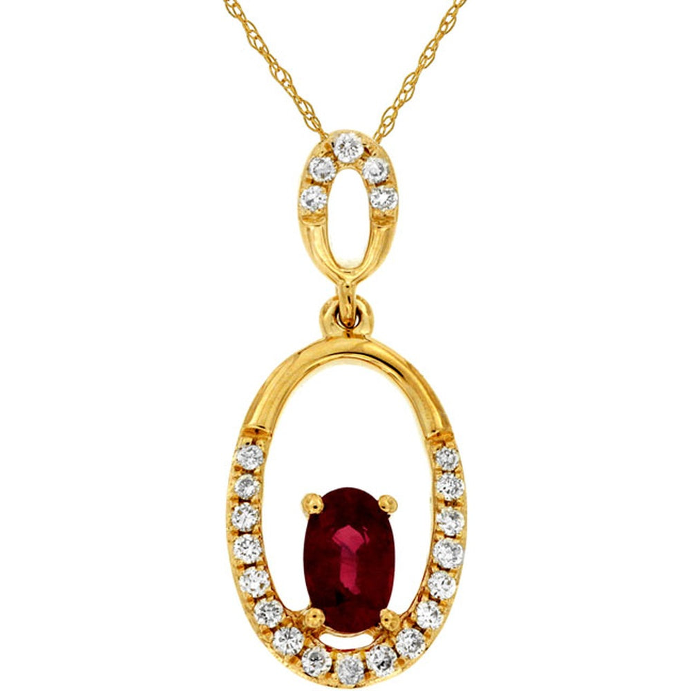 14K Yellow Gold Open Halo Pendant with Oval Ruby and Round Diamond Accents - 0.25 Carat Ruby and 0.10 Carat Total Diamond Weight - Royal Jewelry
