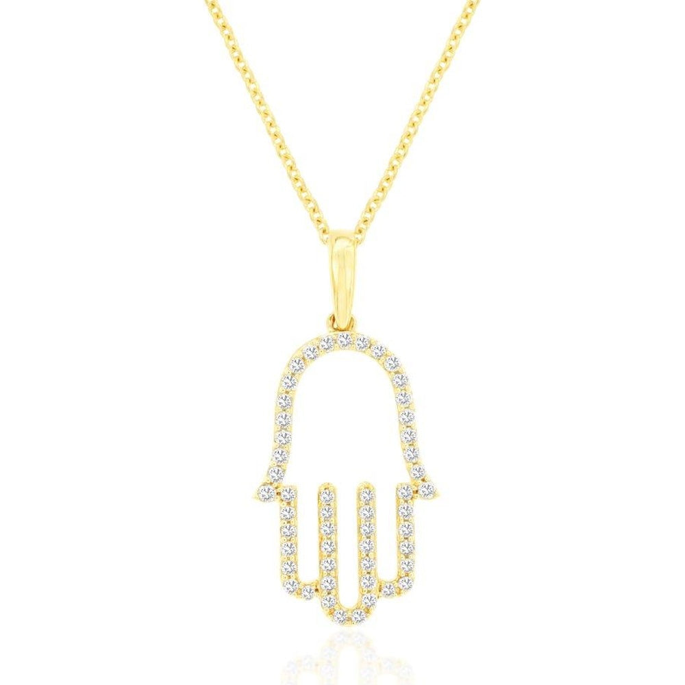 14K Yellow Gold Open Hamsa Pendant with Prong-Set Round Diamonds - 0.25 Carat Total Diamond Weight - Royal Jewelry