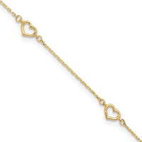 14K Yellow Gold Open Heart & Chain 5-Station Anklet - 10" Adjustable Length