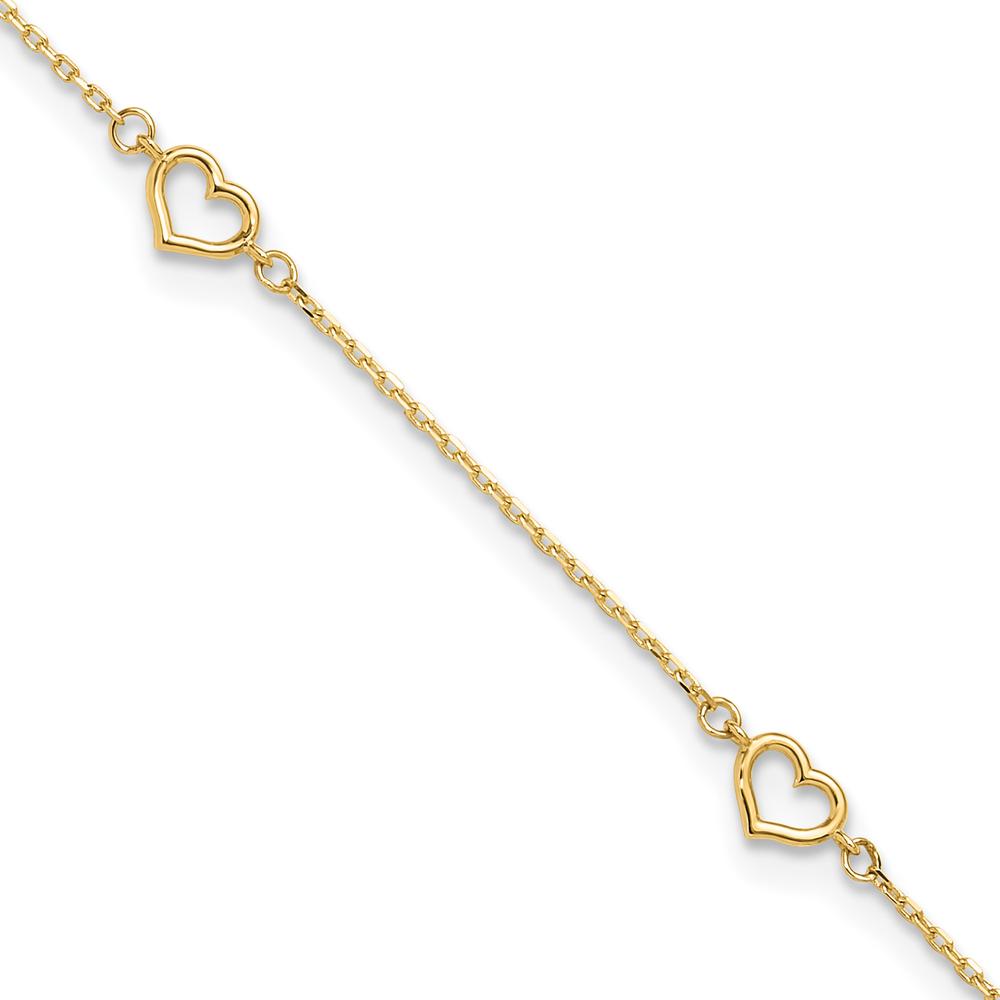 14K Yellow Gold Open Heart & Chain 5-Station Anklet - 10" Adjustable Length