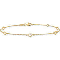 14K Yellow Gold Open Heart & Chain 5-Station Anklet - 10" Adjustable Length