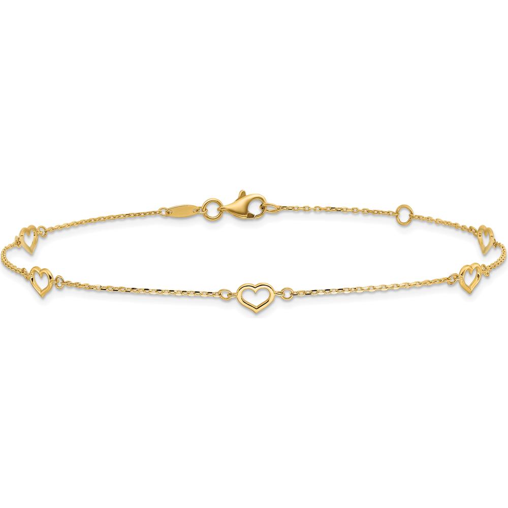 14K Yellow Gold Open Heart & Chain 5-Station Anklet - 10" Adjustable Length