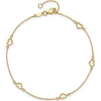 14K Yellow Gold Open Heart & Chain 5-Station Anklet - 10" Adjustable Length