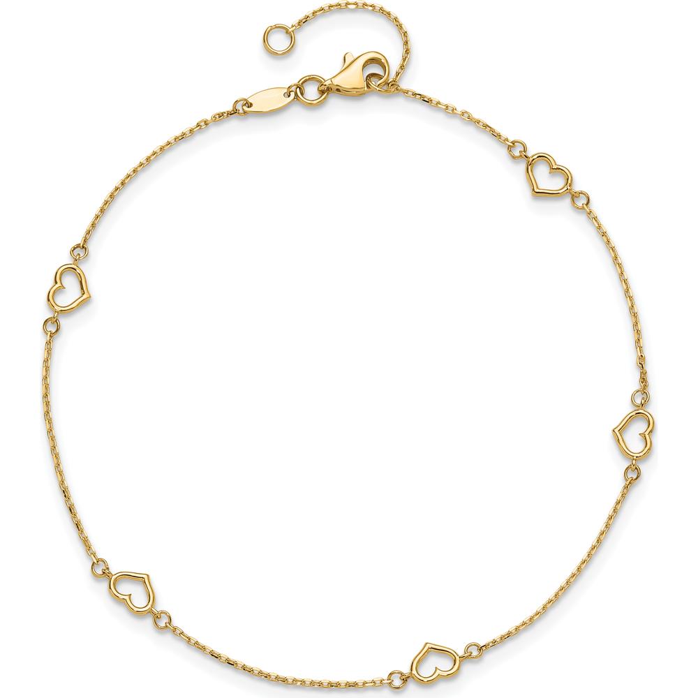 14K Yellow Gold Open Heart & Chain 5-Station Anklet - 10" Adjustable Length